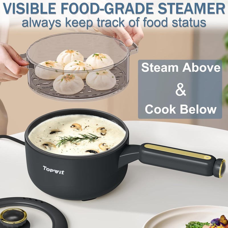 TopWit Hot Pot Electric with Steamer, 2L Multifunctional Electric Cooker, Non-Stick Sauté Pan, Portable Pot for Steak, Fried Rice, Ramen, Soup with Dual Power Control (Spatula Not Included), Grey - Image 2